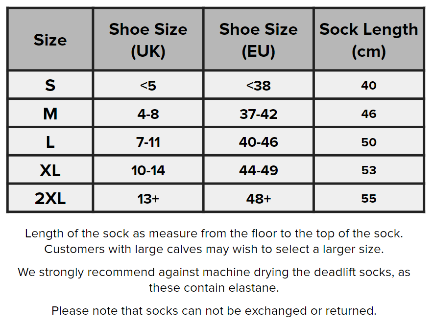 SBD Malaysia Deadlift Socks (Nova Range) Sizing Guide