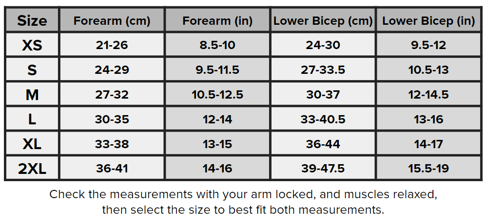 SBD Malaysia Elbow Sleeves (Nova Range) Sizing Guide